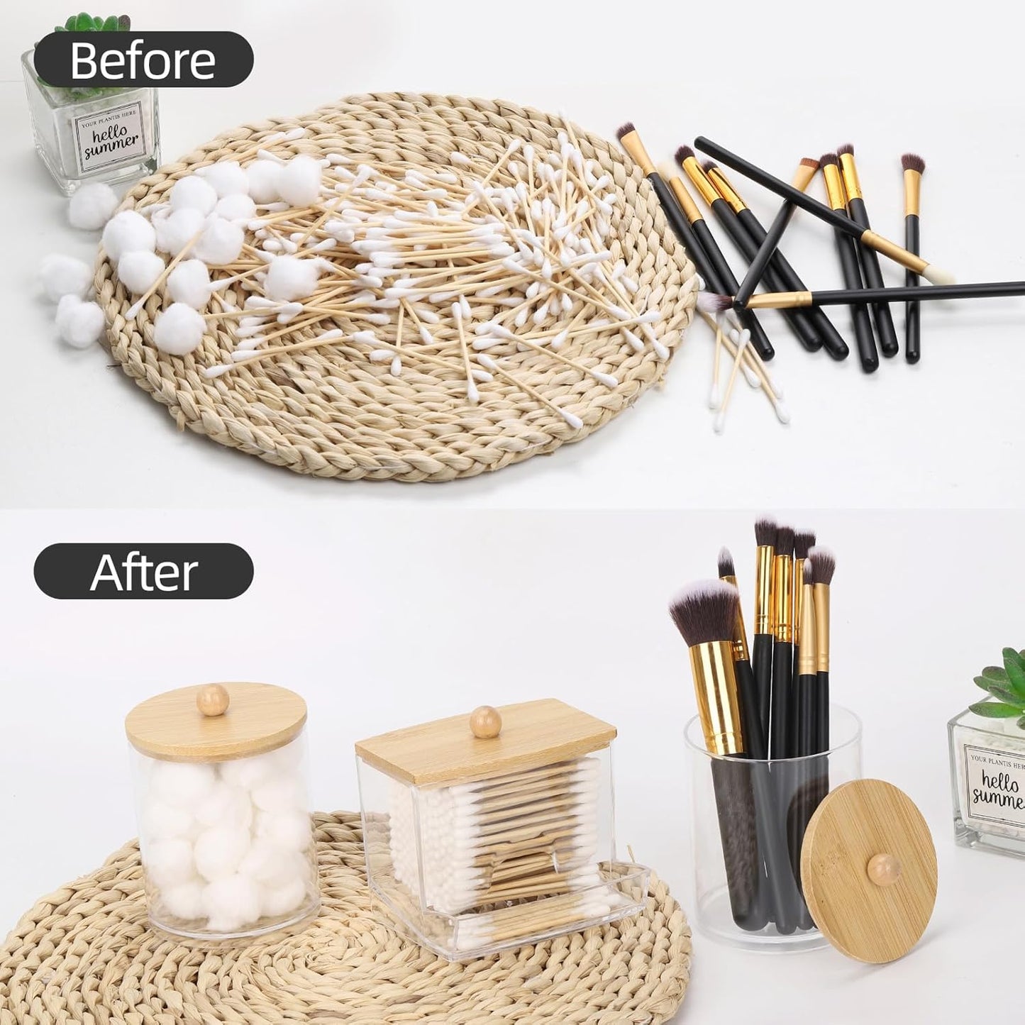 4 Pack Transparent Plastic Storage Jars with Bamboo Lids Multipurpose Organizer for Cotton Swabs, Cotton Balls, Floss Picks, and Bathroom Accessories