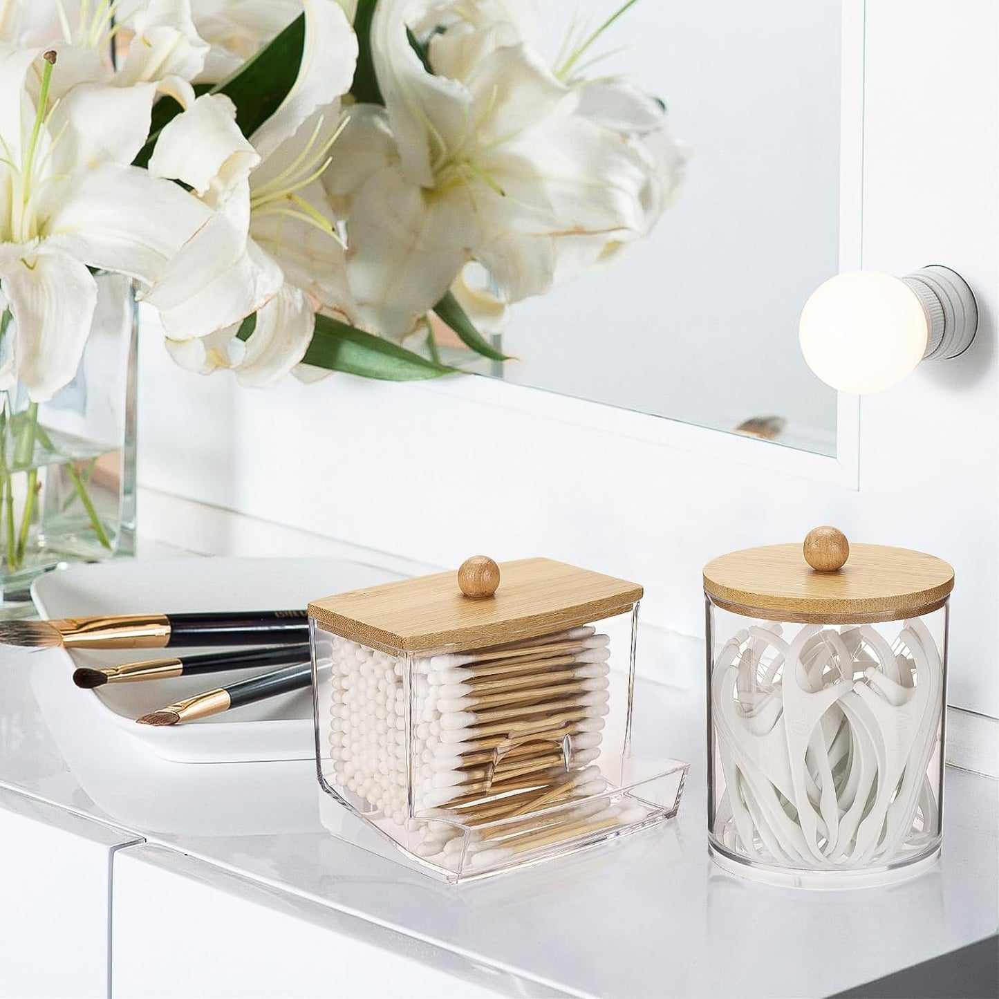 4 Pack Transparent Plastic Storage Jars with Bamboo Lids Multipurpose Organizer for Cotton Swabs, Cotton Balls, Floss Picks, and Bathroom Accessories