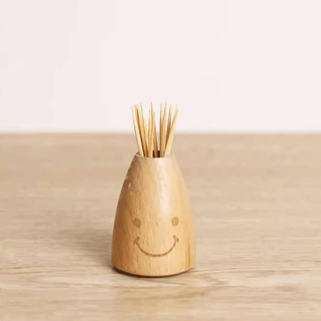 Wooden Smile Toothpick Holder Mini Portable Toothpick Jar Decorative Toothpick Box Tabletop Dispenser