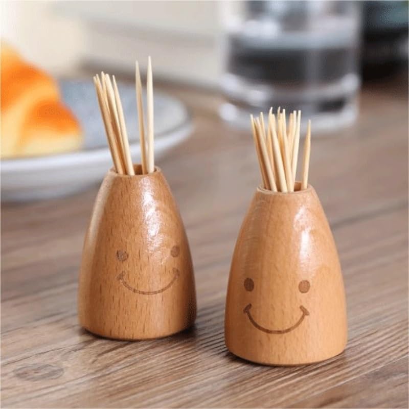 Wooden Smile Toothpick Holder Mini Portable Toothpick Jar Decorative Toothpick Box Tabletop Dispenser