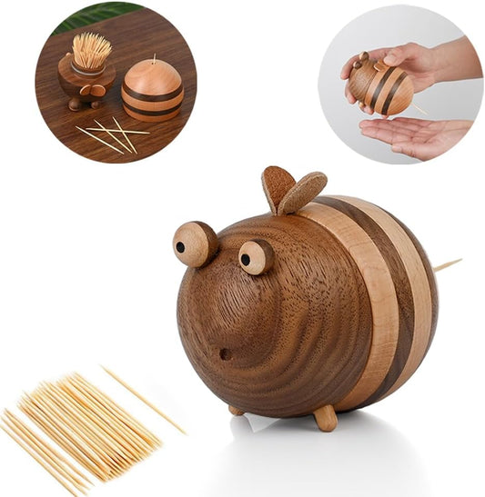 Creative Wooden Bee Toothpick Holder Cute Animal Design Toothpick Dispenser for Dining Table, Coffee Table, and Home Decoration