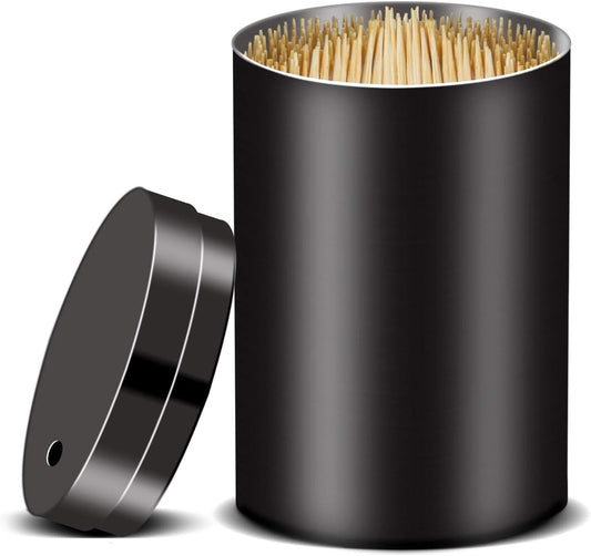 Black Metal Toothpick Holder Cylinder-Shaped Toothpick Container with Lid for Dining Table, Office, Car, and Multi-Purpose Use