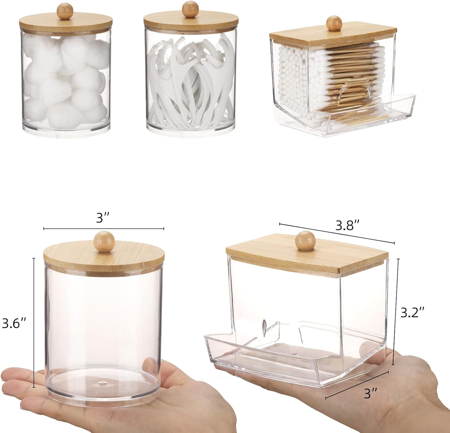 4 Pack Transparent Plastic Storage Jars with Bamboo Lids Multipurpose Organizer for Cotton Swabs, Cotton Balls, Floss Picks, and Bathroom Accessories