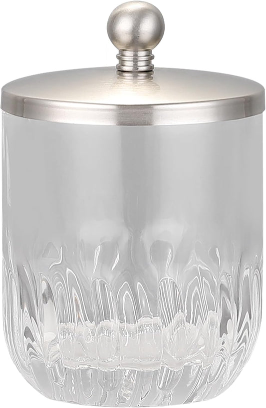Transparent Glass Storage Jar with Metal Lid Multi-Purpose Container for Cotton Swabs, Cotton Balls, Toothpicks, Candy, Vanity, and Bathroom Organizer