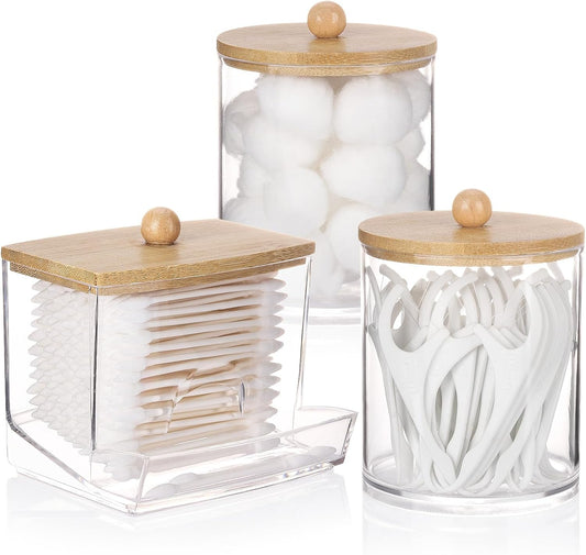 4 Pack Transparent Plastic Storage Jars with Bamboo Lids Multipurpose Organizer for Cotton Swabs, Cotton Balls, Floss Picks, and Bathroom Accessories