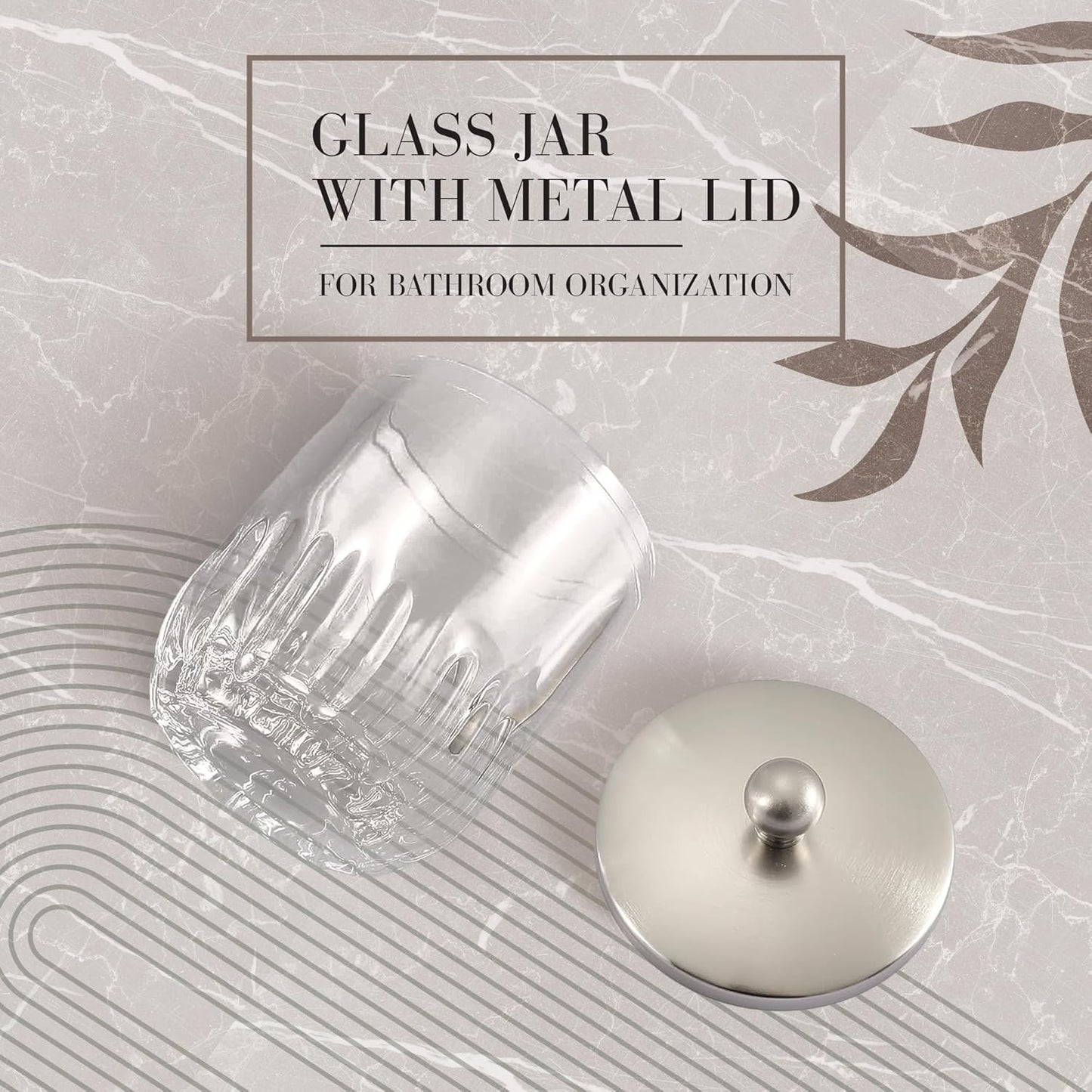 Transparent Glass Storage Jar with Metal Lid Multi-Purpose Container for Cotton Swabs, Cotton Balls, Toothpicks, Candy, Vanity, and Bathroom Organizer