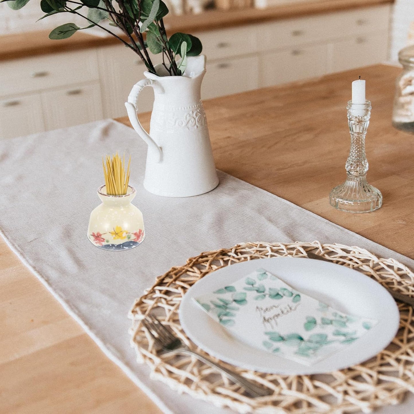 Mini Ceramic Toothpick Holder with Hand-Painted Floral Pattern Small Storage Jar for Dining Table, Coffee Table, and Decorative Use