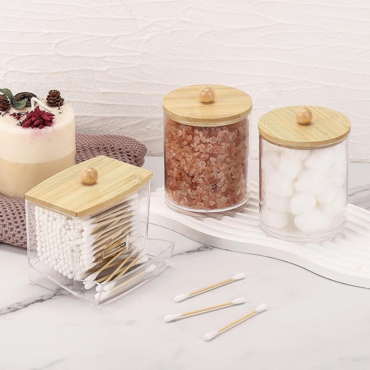 4 Pack Transparent Plastic Storage Jars with Bamboo Lids Multipurpose Organizer for Cotton Swabs, Cotton Balls, Floss Picks, and Bathroom Accessories