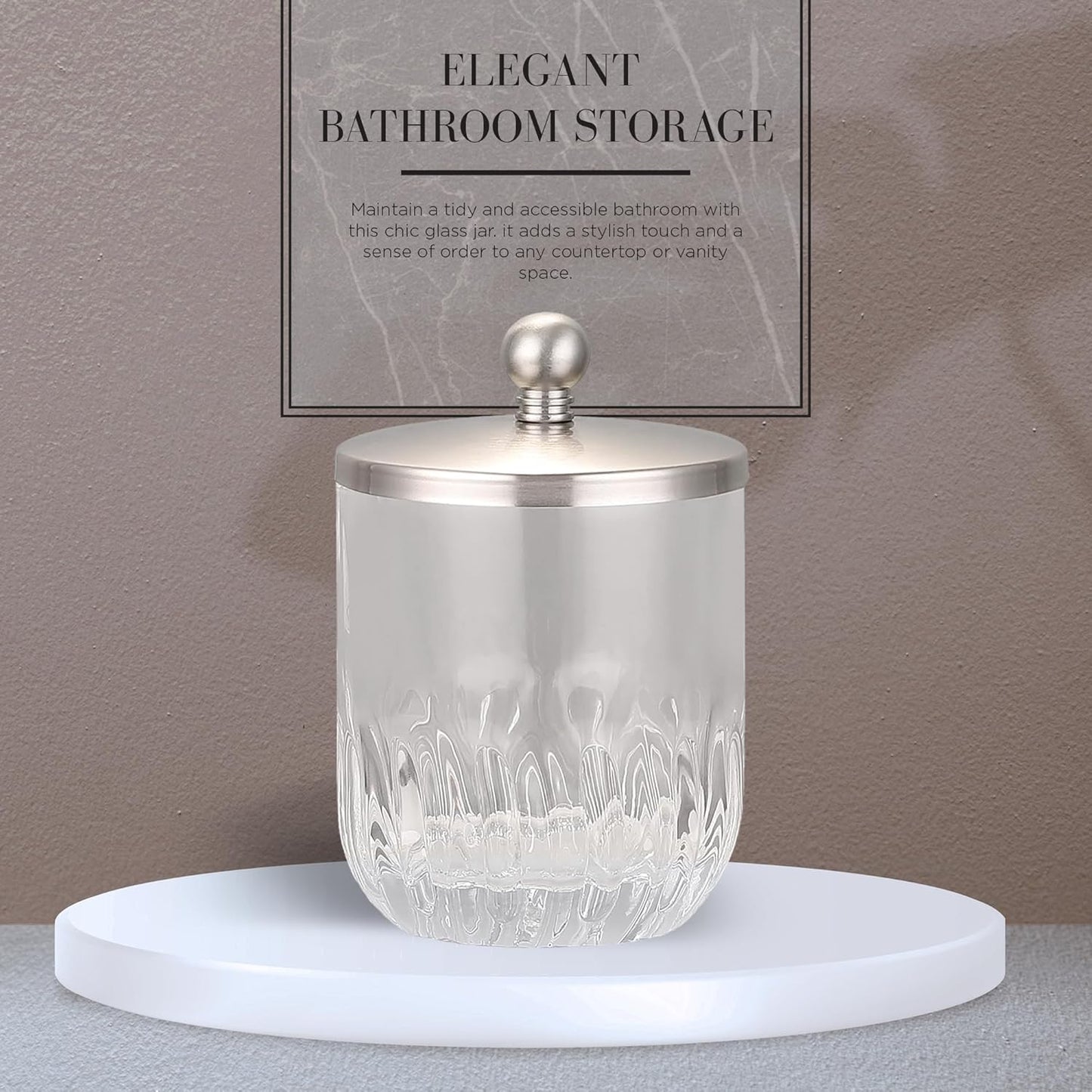 Transparent Glass Storage Jar with Metal Lid Multi-Purpose Container for Cotton Swabs, Cotton Balls, Toothpicks, Candy, Vanity, and Bathroom Organizer